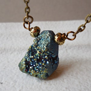 Titanium gold blue Druzy Necklace brass rough quartz gemstone necklace antiqued brass raw stone drusy crystal natural necklace gift for her
