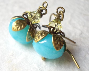 Pacific Blue Berries, baby blue flower earrings drop earrings romantic renaissance retro new brass petals berry dangle earrings women girls