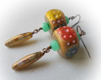 Dice, very long earrings, handmade polymer clay jewelry, hemimorphite, colorful, multicolored, circus, extra large earring, unique statement