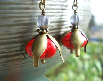 Pitanga Earrings for women exotic fruit berry pomegranate dangle earrings vegan style gemstone bead brass red pumpkin drop earrings stone