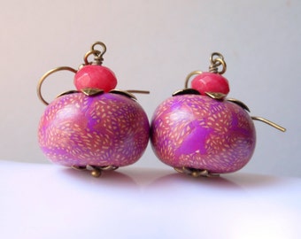 Fandango fuchsia earrings polymer clay and ruby jade dangle earrings, pink rose purple red violet brass organic inspired by nature flower
