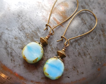 Long blue earrings Czech glass dangle earrings Mint opal blue bead drop earrings seafoam sea foam sky pale blue dangle earrings brass bronze