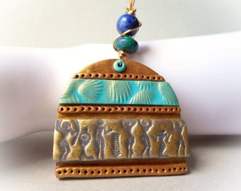 Hieroglyph Necklace, Nefertiti Egyptian jewelry Egypt inspired, polymer clay pendant large azurite malachite lapis lazuli blue gold stamped