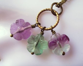 Fluorite Flower necklace, natural fluorite cluster bouquet necklace rainbow fluorite vintage style romantic antiqued brass floral jewelry