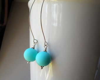 Long modern earrings, dangle earrings, silver plated, rubber ball, mint blue green seafoam sea foam ocean beach minimal bright summer drops