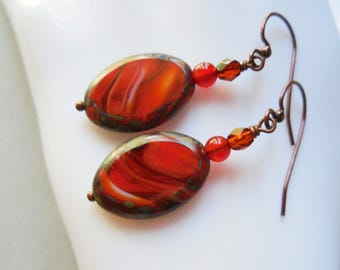 Fall earrings copper and glass beaded dangle earrings autumn leaves colors handmade women's jewelry Christmas gift New Year present for her