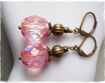 Pink dangling earrings new retro vintage look chic romantic style handmade brass jewelry for women shabby bronze rose drop earring leverback