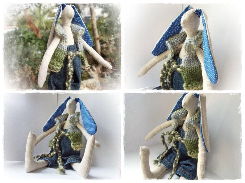 Stuffed Woodland Rabbit cuddling plush primitives toy rag doll Easter bunny recycled jeans wool handmade eco gift art country doll animal