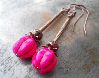 Pomegranate Earrings Garnet stones Pomegranate Fruit gemstone antiqued copper earring Persephone drop dangle pink melon beaded ethnic tribal