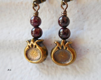 Pomegranate earrings Garnet earrings Pomegranate fruit Bronze brass dangle drop Persephone pomegranate jewelry natural raw gemstone crystal