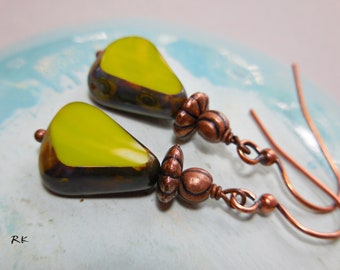 Green Earrings copper and Czech glass beaded drop earrings vintage retro chartreuse green moss olive dangle earrings gift for women for girl