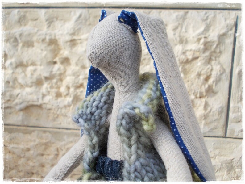 Stuffed Woodland Rabbit cuddling plush primitives toy rag doll Easter bunny recycled jeans wool handmade eco gift art country doll animal