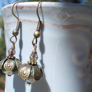 flower earrings, olive green drops, vintage style chic antiqued brass petals berry feminine romantic fruit berry berries, dangle earrings image 3