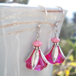 Pink Flower Earrings romantic rose flower dangles pink drops for girls antique vintage style silver plated jewelry little flower earrings