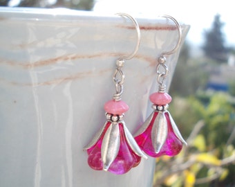 Pink Flower Earrings romantic rose flower dangles pink drops for girls antique vintage style silver plated jewelry little flower earrings