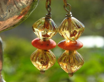 Earrings, glass and brass earrings, handmade beaded earrings, rootbeer ginger pumpkin, fall earrings autumn jewelry antiqued brass, earrings