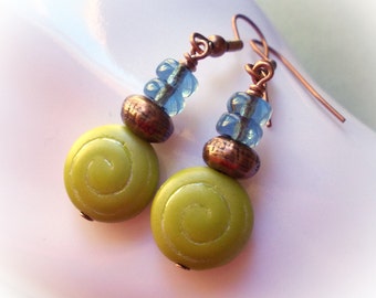 Shells, copper earrings, chartreuse green spiral seashell glass beads lime olive aqua blue dangle drop earrings coastal jewelry ocean sea