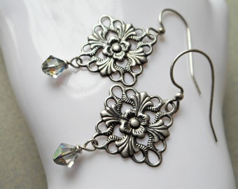 Long silver earrings filigree earrings bohemian earrings gypsy earrings dangle earrings antiqued silver with black diamond Swarovski crystal