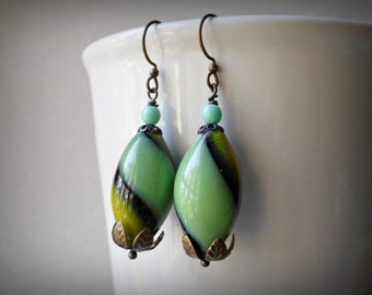 Pod Earrings, nature peapod green lampwork earrings, earrings, hollow beads and antiqued brass, plant nature inspired metal handmade jewelry