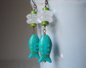 Turquoise Koi Fish with natural rock crystal quartz Yin Yang Zen Yoga balance symbol avatar very long drop earrings gemstone oxidized brass