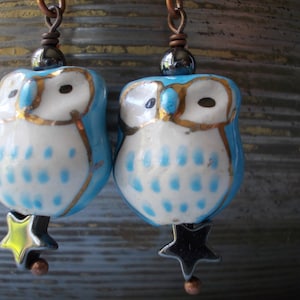 Blue Owl Earrings, with pyrite star, stone ceramic glass bead, dangle earrings for women, antiqued copper, forest cute blue gold night bird image 1