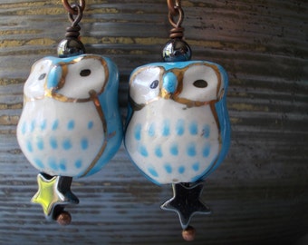 Blue Owl Earrings, with pyrite star, stone ceramic glass bead, dangle earrings for women, antiqued copper, forest cute blue gold night bird