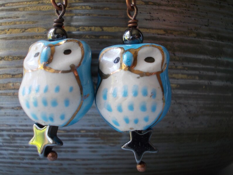 Blue Owl Earrings, with pyrite star, stone ceramic glass bead, dangle earrings for women, antiqued copper, forest cute blue gold night bird image 1