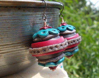 Ethnic very large earrings, colorful polymer clay bead earrings, copper and brass, colorful turquoise blue, red, huge circus bead earrings