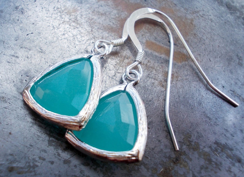 Blue Silver Earrings dangle earrings small earrings classic minimalist earrings Blue Mint Opal glass drops seafoam dangle tiny blue sea foam image 4