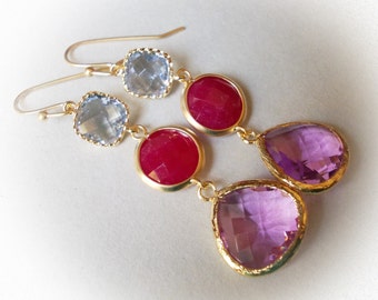 Long earrings gold amethyst ruby sapphire red blue violet purple long glass drop earrings gold framed glass jewels dangle earrings for women