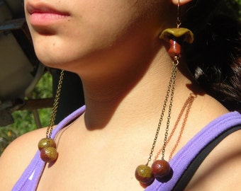 Mushroom Eggs, extra long earrings nature inspired, wild forest woods, organic handmade polymer clay beads and brass, chain earrings