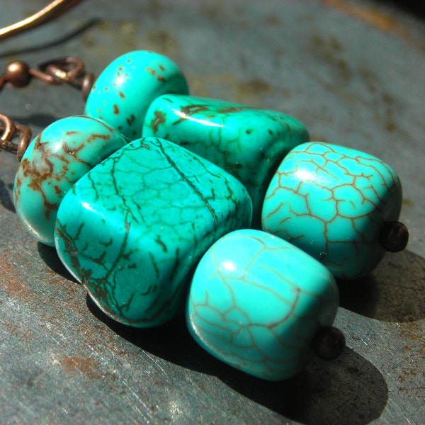 Turquoise earrings antiqued copper and stones beaded earrings blue rustic ethnic for men women