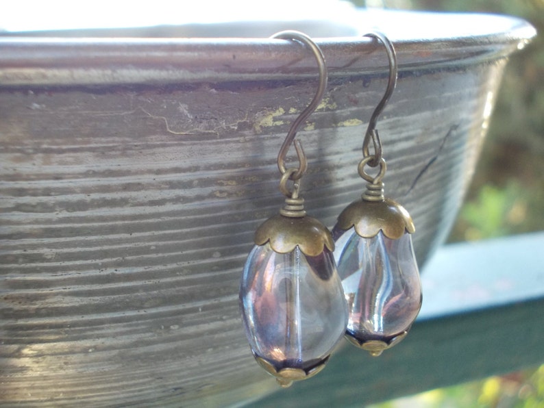 Handmade earrings, Glass dangle earrings, grey gray lavender, long dangling, antiqued vintage chic style bronze brass drop earrings romantic image 5