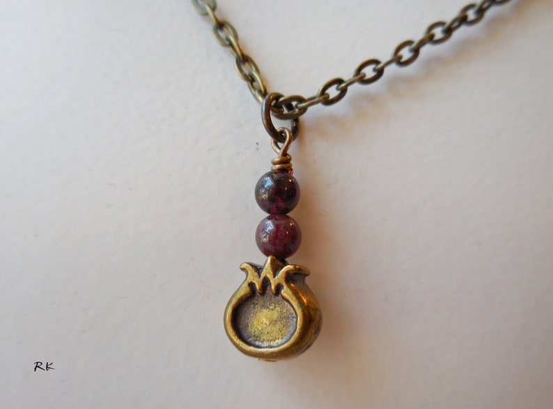 Pomegranate necklace Garnet necklace Pomegranate fruit Bronze brass pendant charm Persephone pomegranate jewel natural raw gemstone crystal image 4