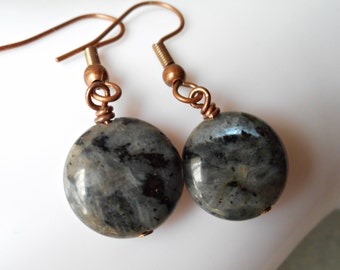 Larvikite earrings black labradorite earrings simple earrings copper and stones gemstone jewelry handmade natural minimal rustic grey gem