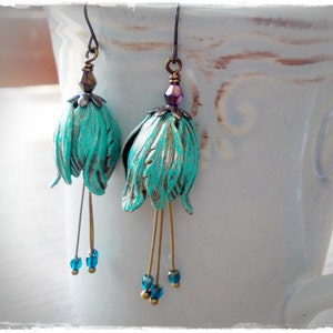 Long tulip earrings verdigris patina brass beaded bell hat flower dangle vintage style inspired romantic handmade for women whimsy whimsical image 4