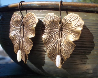 Brass and Pearl Leaf earrings oxidized bronze leaves pearls handmade earrings nature inspired jewelry for women mother's day gift jewellery