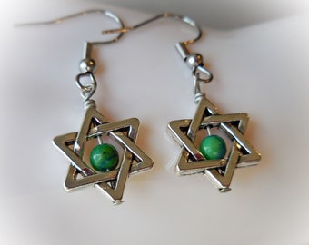 Star of David earrings with Chrysocolla, Magen David silver stainless steel Hebrew Jewelry for men women blue green Judaica Judaism Jewish