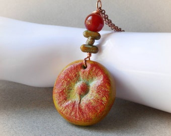 World of plants necklace, Garden of Eden, flower bizarre seed pod in polymer clay on a copper chain carnelian inspired by nature red green