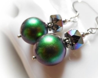 Scarabs, Silver earrings with Swarovski crystal pearls scarabaeus purple green sterling silver 925 earrings beetles silver crystal dangle