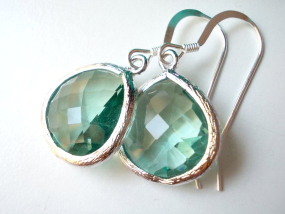 MOLLY Silver Sea Green Faceted Glass Drop Earrings Sea Green Drops Aqua Drop Earrings Silver Erinite Faceted Glass Drops