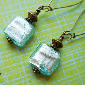 Blue earrings Long light blue glass bead dangle drop earrings Handmade jewelry Ice blue silver foil earrings Antique brass Gift for girls image 5