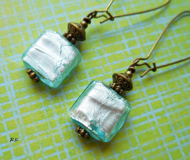 Blue earrings Long light blue glass bead dangle drop earrings Handmade jewelry Ice blue silver foil earrings Antique brass Gift for girls image 5