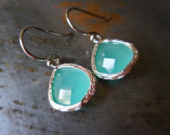 Little mint drop earrings seafoam sea foam blue green silver rhodium jewelry dangles small dainty earrings for women girl elegant bridesmaid