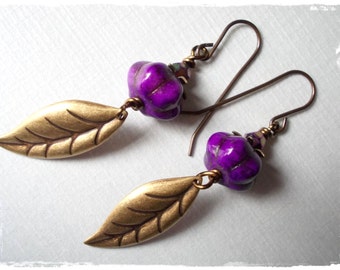 Grape and Leaf earrings long dangle earrings for women purple violet bronze brass antiqued leaves beaded beadwork inspired by forest nature