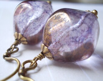 Large glass earrings, vintage style drop earrings, antiqued brass, lavender rose, dangle earrings for women, purple lavender fantasy bronze