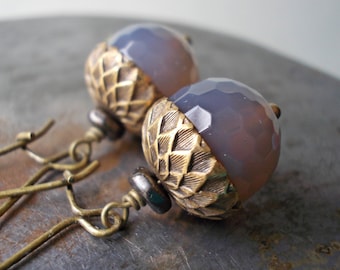 Gemstone acorn earrings, natural grey gray agate, antiqued brass, long kidney ear wires, nature woodland, squirrel nuts, oak tree seed stone