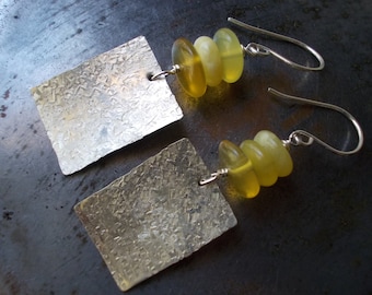 Yellow Opal Silver Earrings sterling silver natural gemstone stone earrings 925 handmade earrings dangle organic opal hammered texture forge