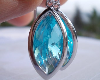Blue topaz drops long glass earrings 925 sterling silver elegant fancy faceted marquise glass rose cut dangle drop earrings for women