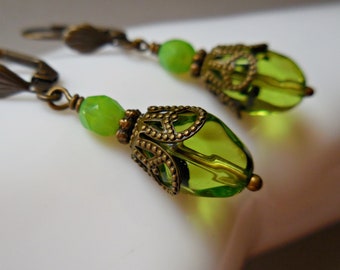 Antiqued brass olive green earrings vintage style drop earrings olivine green earrings olive green dangle earrings filigree leverback wires